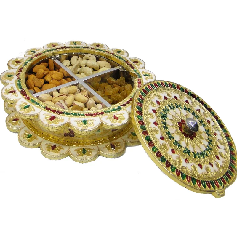 Handcrafted Dry Fruit Gift Box with Wooden Base & Meenakari Brass (Sold By 10 PCS)